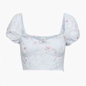 Aritzia Wilfred Blue Floral Wander Linen Puff Sleeve Crop Blouse